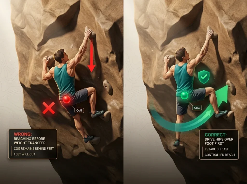 Infographic showing rock-over climbing drill sequence comparing incorrect static hips with correct shifted center of gravity