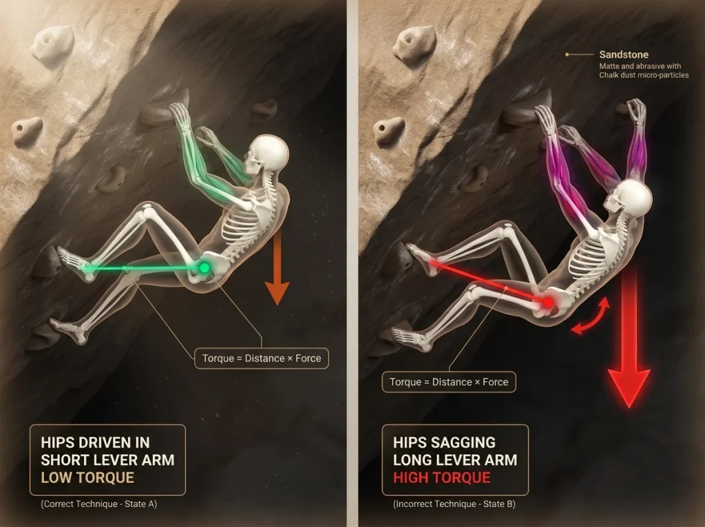 Infographic showing roof climbing physics with skeletal diagrams comparing hip close to wall versus sagging hip torque loads