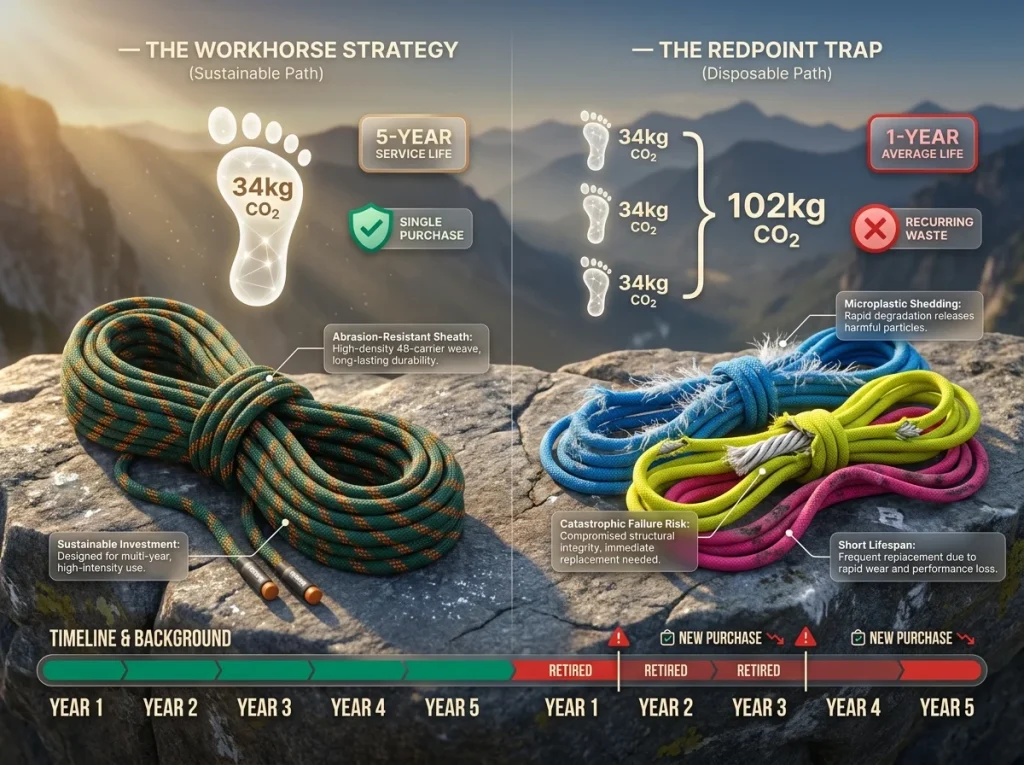 Infographic comparing the 5-year carbon footprint of one durable workhorse rope versus three fraying redpoint ropes