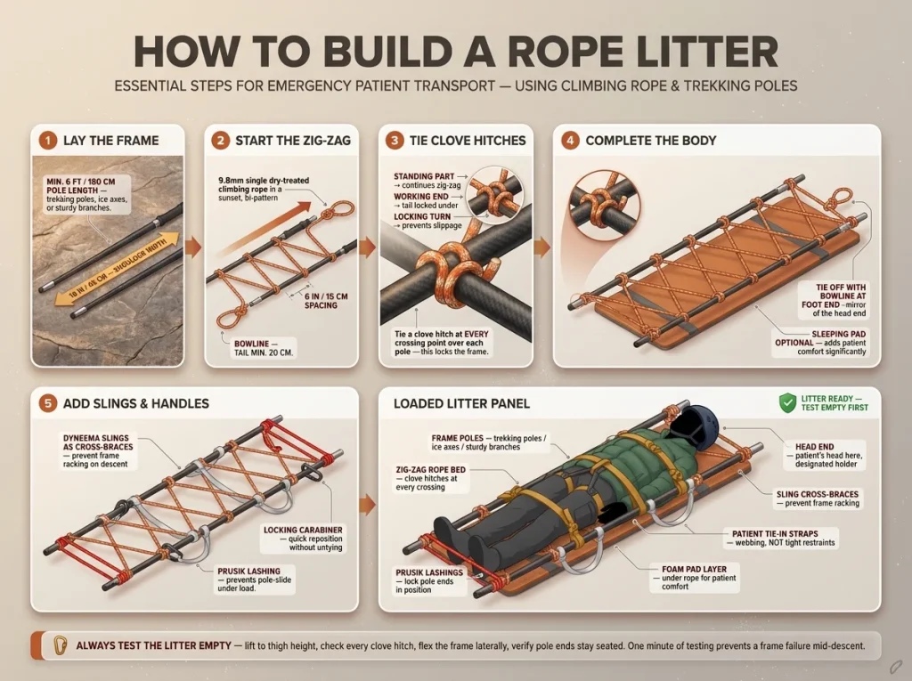 Infographic showing rope litter construction steps with labeled zig-zag pattern, clove hitches, frame poles, and loaded patient setup