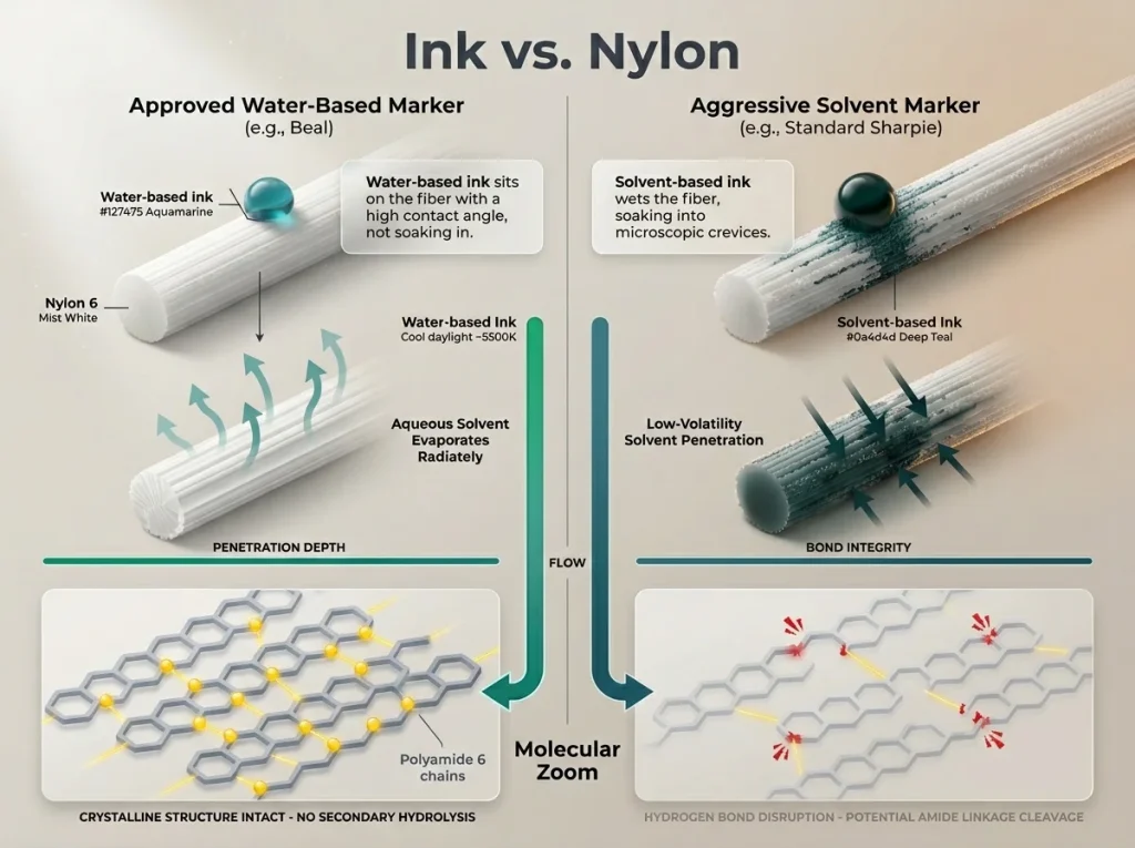 Infographic comparing water-based vs solvent marker effects on Polyamide 6 fibers with chemical penetration and evaporation paths