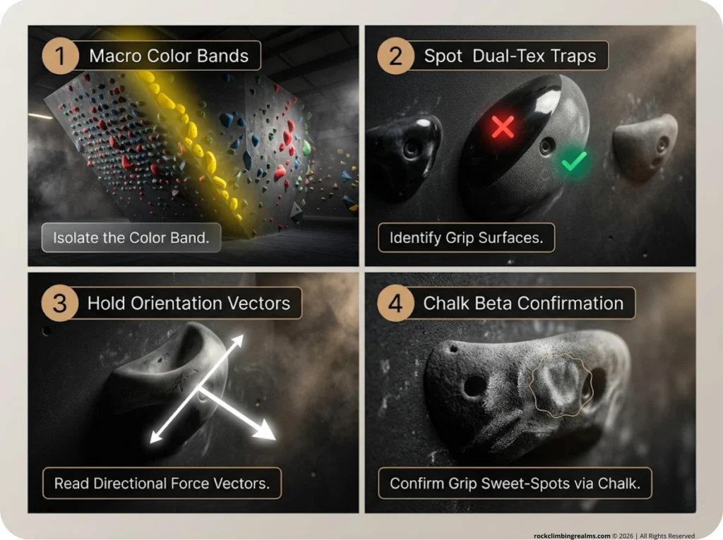 Photo sequence infographic showing how to read a route from identifying color bands to confirming beta with chalk marks