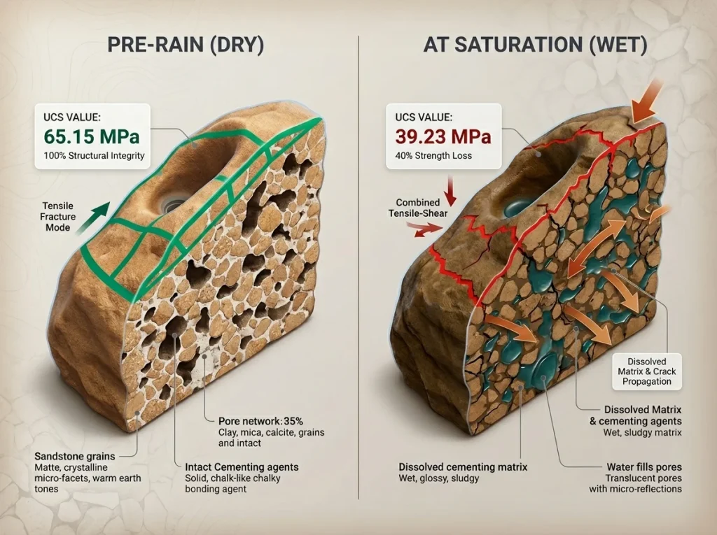 Infographic showing a sandstone hold cross-section pre-rain and at saturation with labeled pore networks and UCS limits
