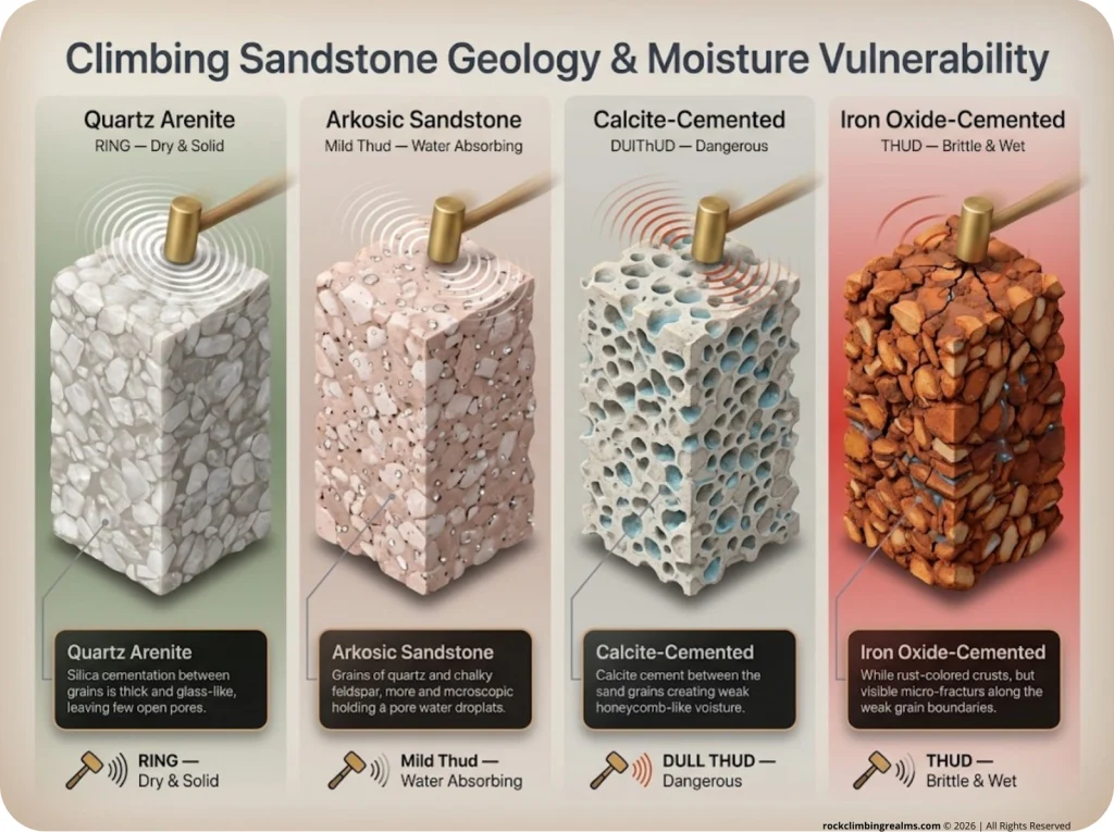 Infographic comparing four climbing sandstone types showing pore structure, durability, and acoustic ring versus thud testing