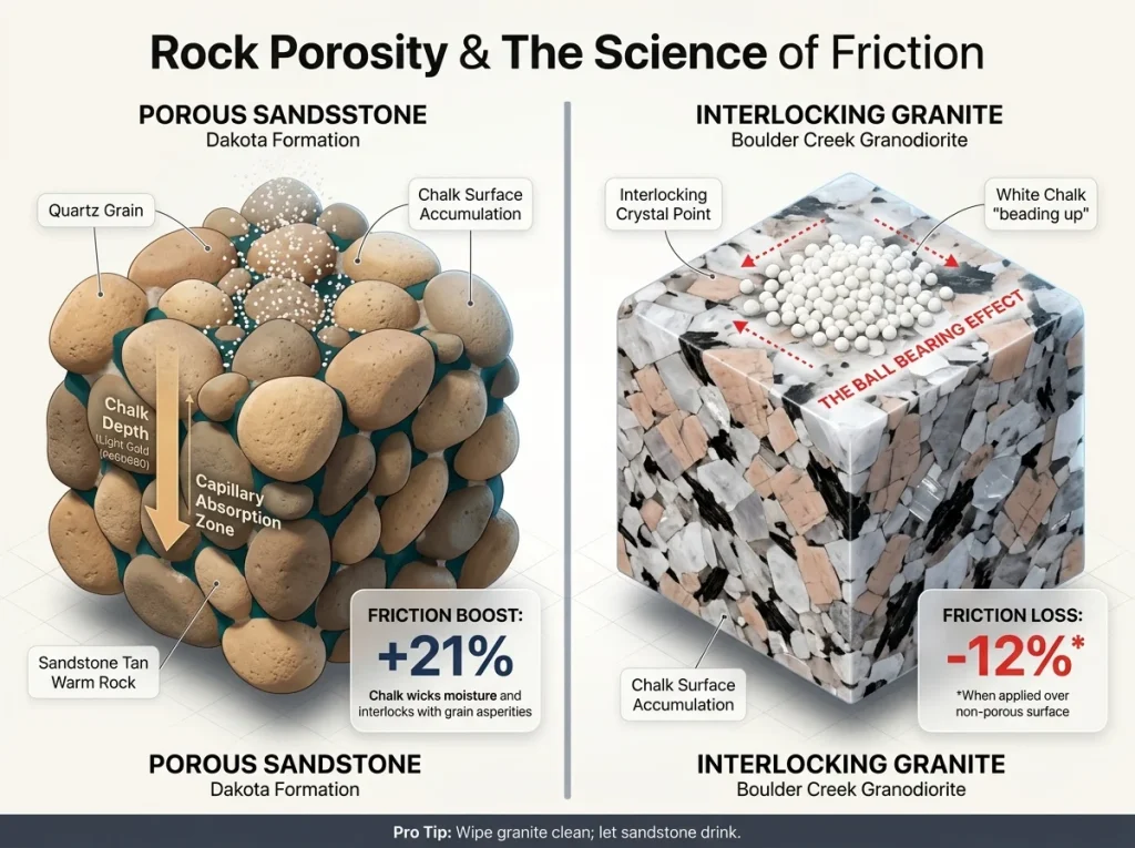 Microscopic diagram comparing porous sandstone and interlocking granite grain structures with chalk absorption data.