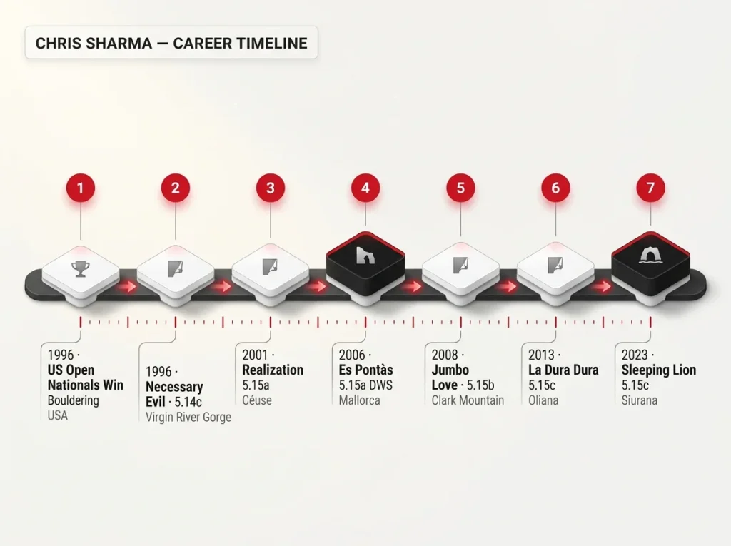 Timeline infographic showing Chris Sharma's seven career milestone climbs with year, route, grade and crag for each node