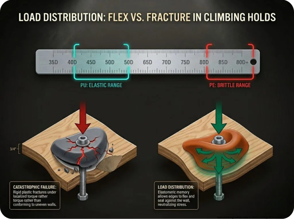 Infographic showing Shore D hardness scale with labeled PE and PU ranges and a force distribution diagram of bolting to uneven walls