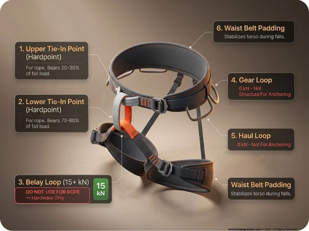 Infographic showing modern climbing sit harness anatomy with labeled structural components, kN load ratings, and safety warnings