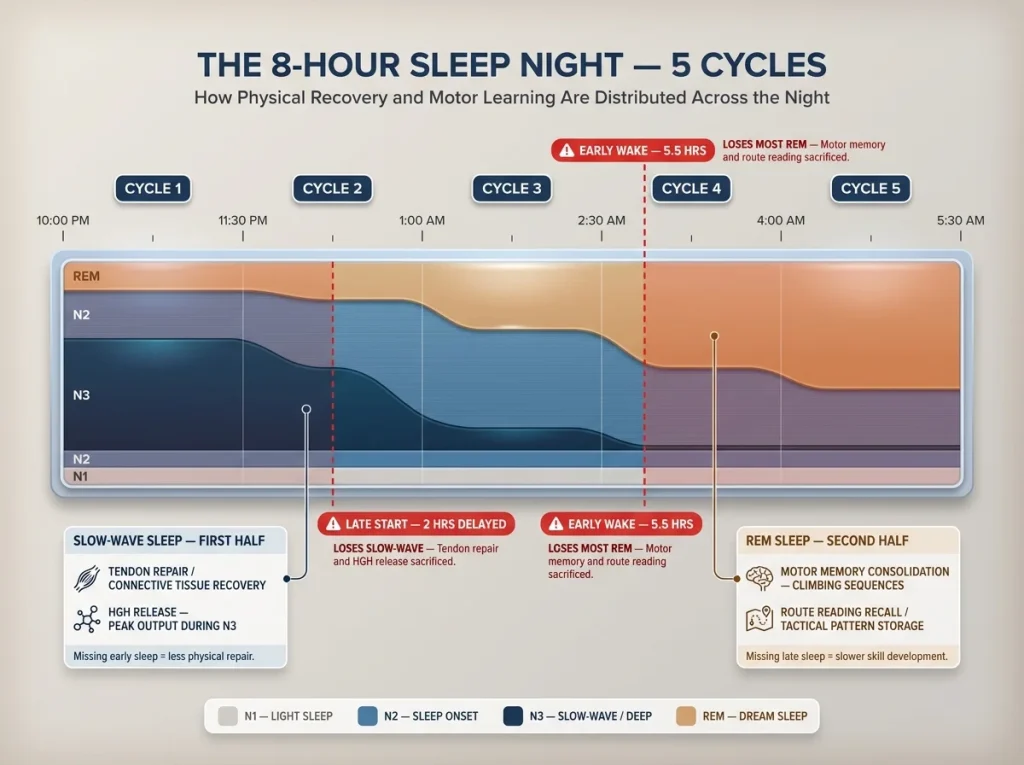Infographic showing 8-hour sleep cycles with slow-wave and REM stages labeled for tendon repair and motor memory recovery