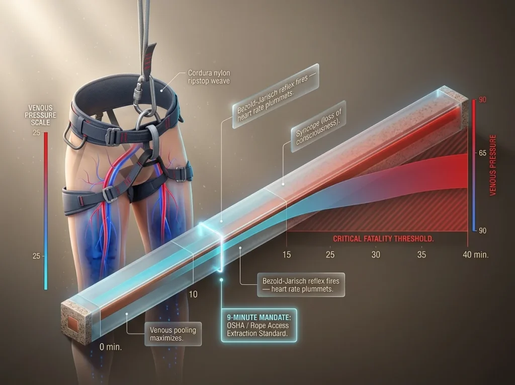 Infographic showing climbing suspension trauma hemodynamic cascade timeline with venous pressure scale and critical 9-minute mandate