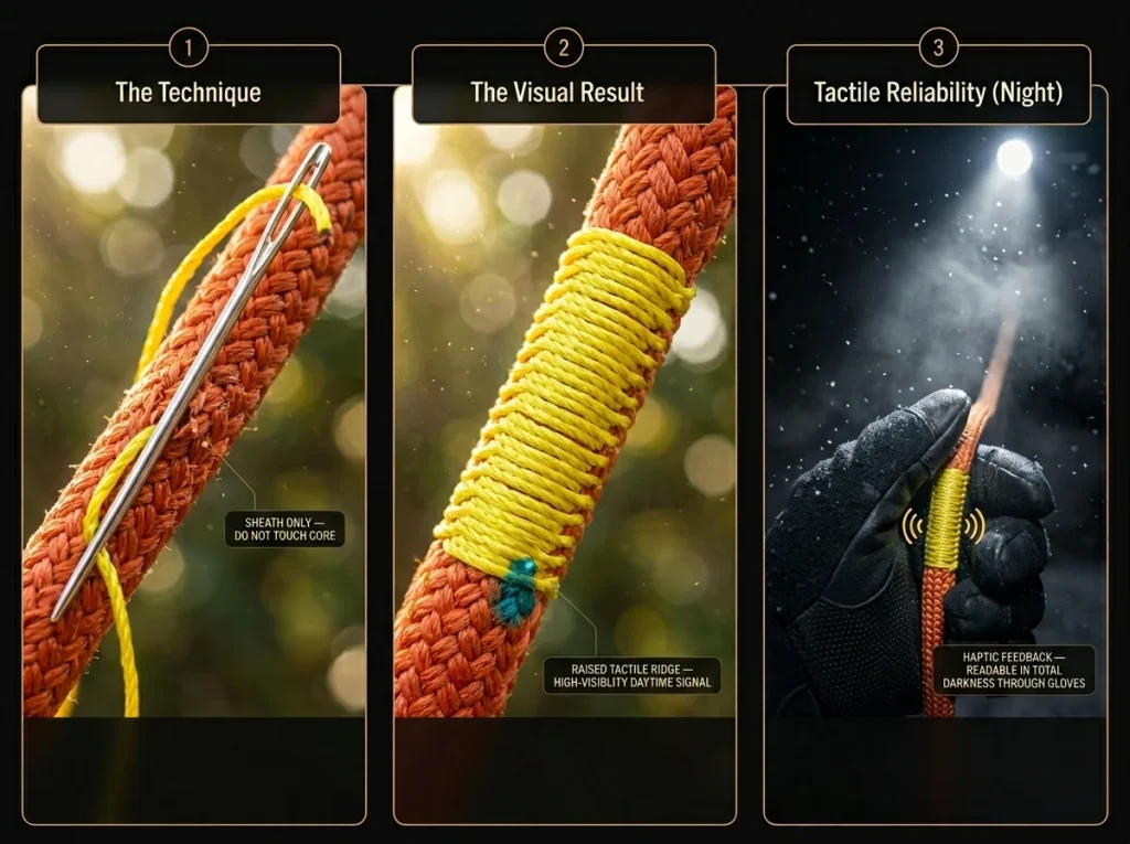 Photo sequence showing technical thread whipping process for tactile rope middle marks with macro detail and night use