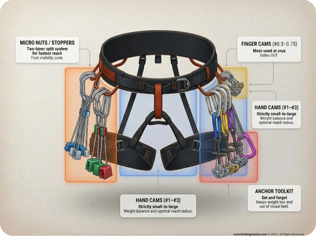 Infographic showing the trad harness quadrant system with color-coded gear loops, optimal cam placement, and gate orientations