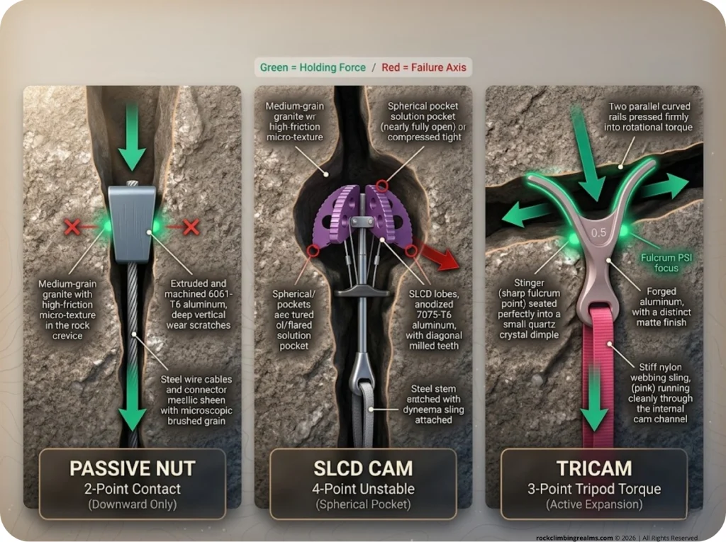 Infographic comparing trad climbing protection mechanics with force vectors for nuts, SLCD cams, and Tricams