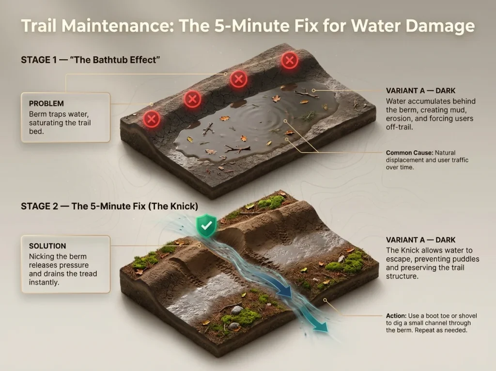 Infographic showing the bathtub effect caused by trail berms and how a knick drain releases trapped water