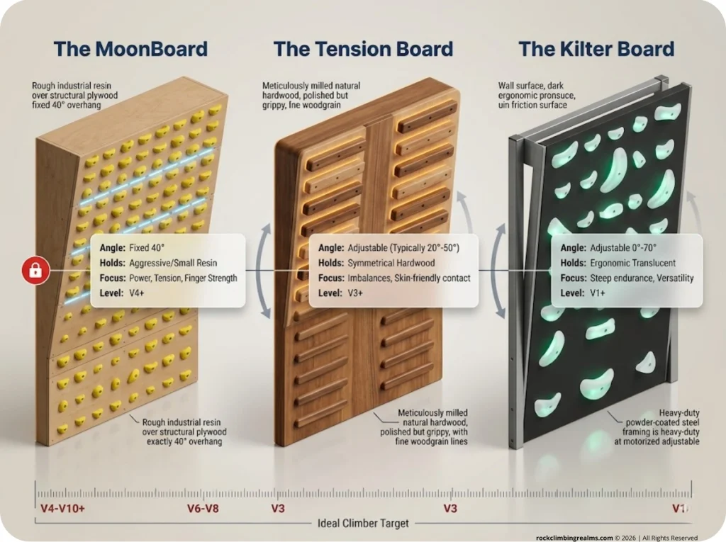 Infographic comparing MoonBoard, Tension Board, and Kilter Board highlighting hold sizes, angle ranges, and training goals