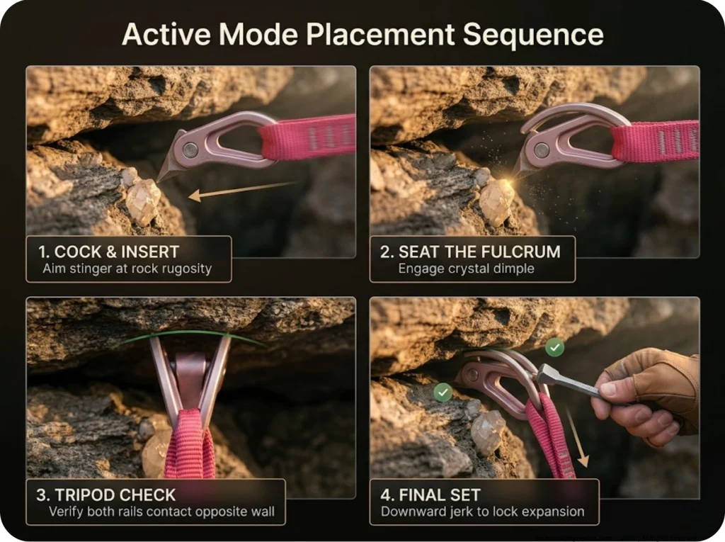 Photo sequence showing active Tricam placement with stinger alignment, rail engagement, and tripod check inside a rock crack