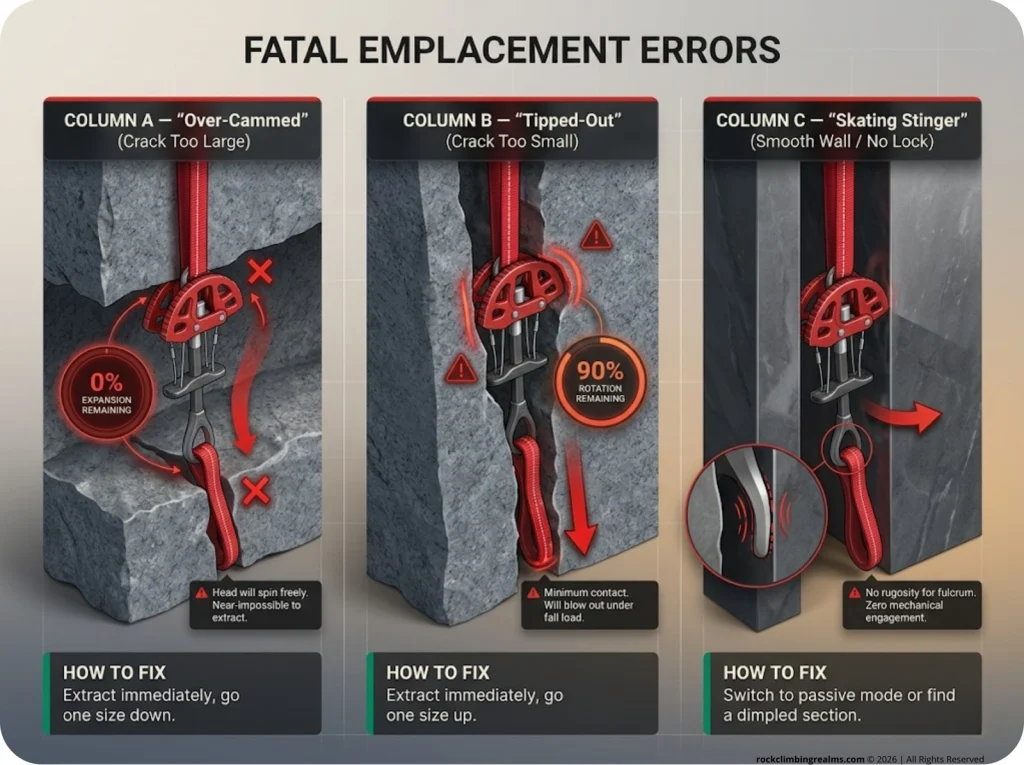 Infographic comparing fatal Tricam placement mistakes showing over-cammed, tipped-out, and skating stinger configurations