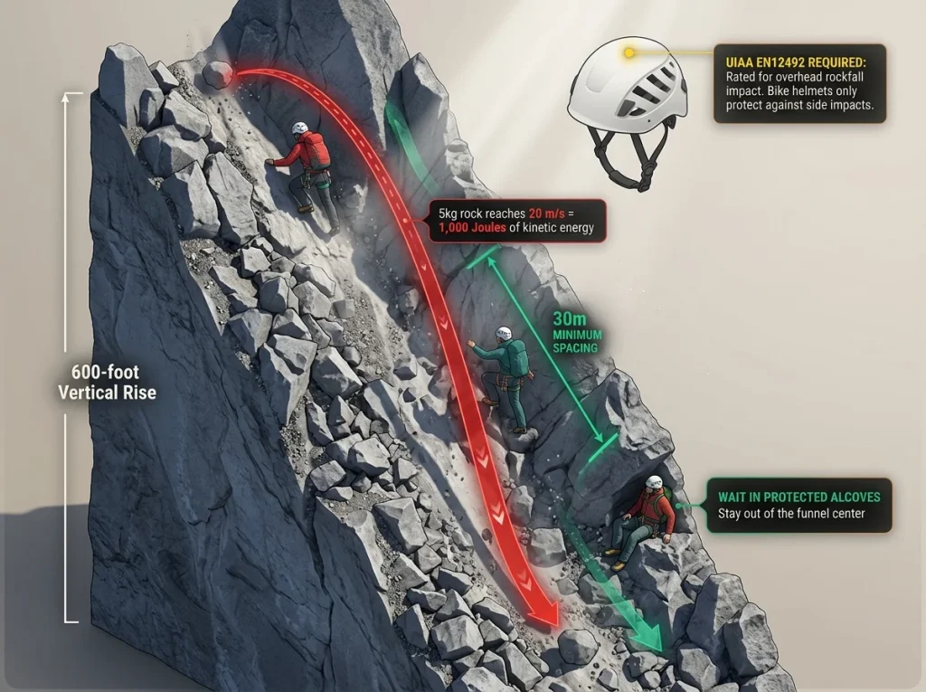 Infographic showing the Trough 600-ft vertical rise with rockfall trajectory arc, 30m party spacing, and helmet rating zones