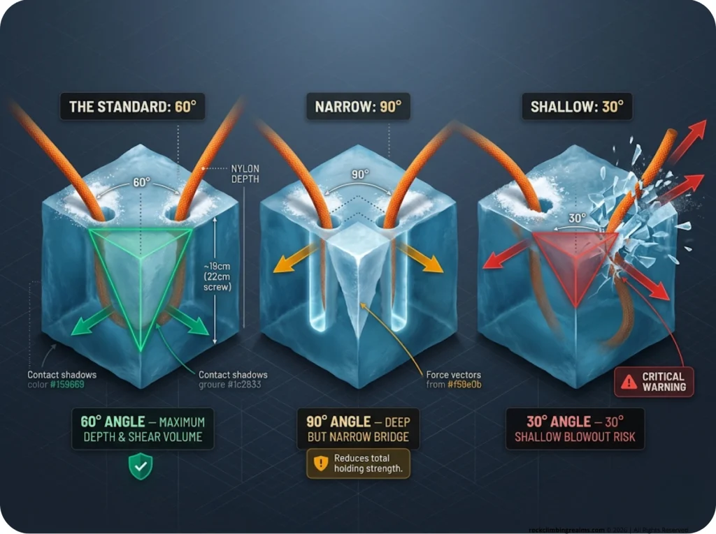 Infographic comparing V-thread drill angles at 60, 90, and 30 degrees showing intersection depth calculations and blowout risks