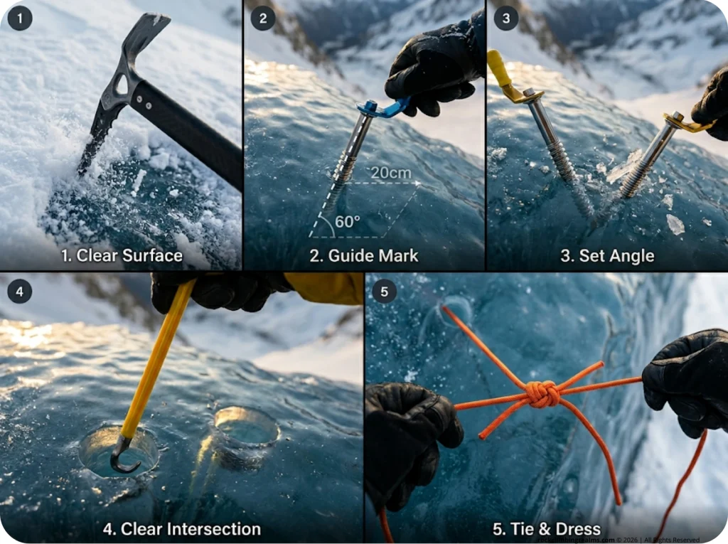 Photographic sequence showing 5 step V-thread construction from clearing surface ice to threading cord in blue ice