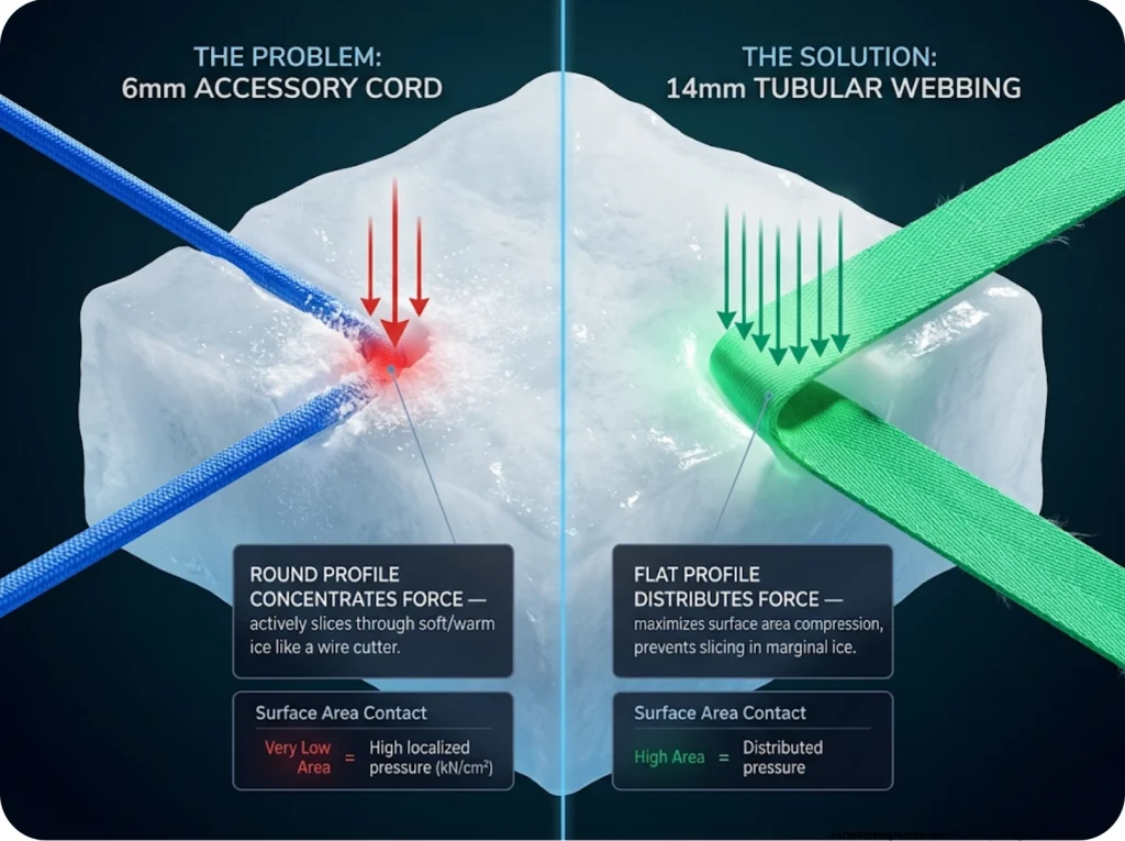 Infographic comparing 6mm cord and 14mm webbing in ice anchor channels illustrating the cheese-wire pressure cutting effect
