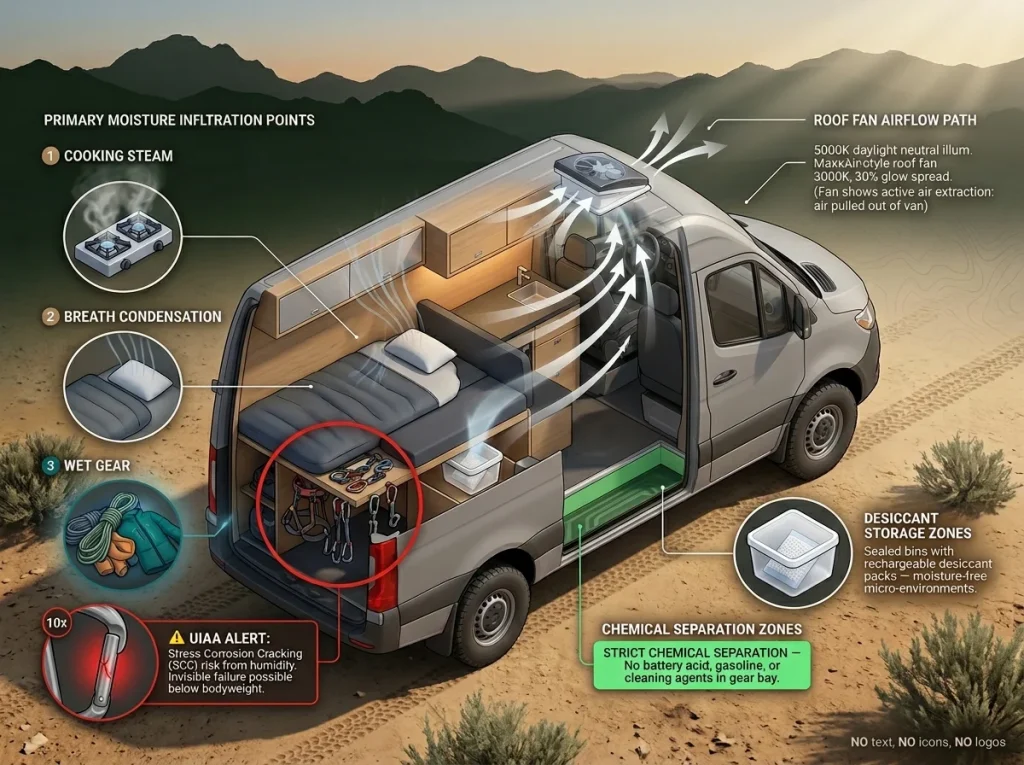 Cross-section diagram of a climbing van interior showing moisture infiltration points, mitigation systems, and UIAA gear safety risks