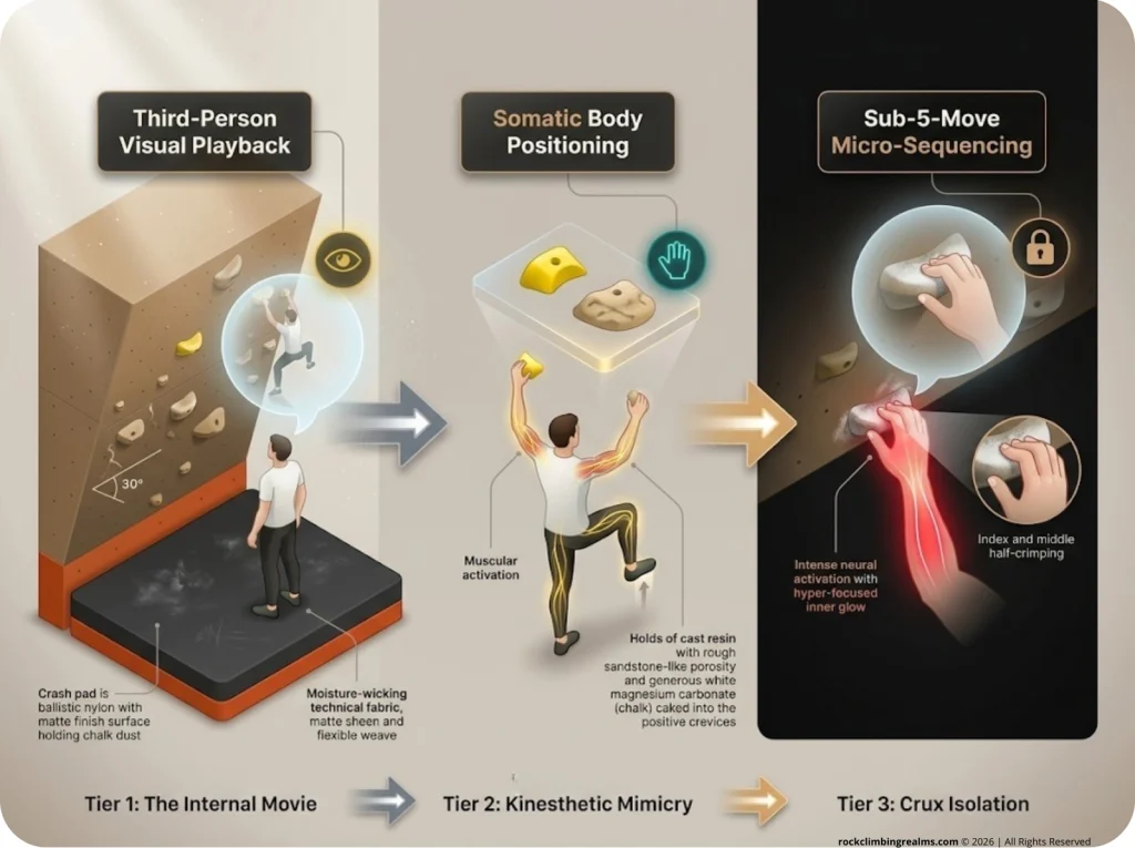 Infographic showing three visualization tiers with internal movie, kinesthetic mimicry, and crux isolation neural activation stages