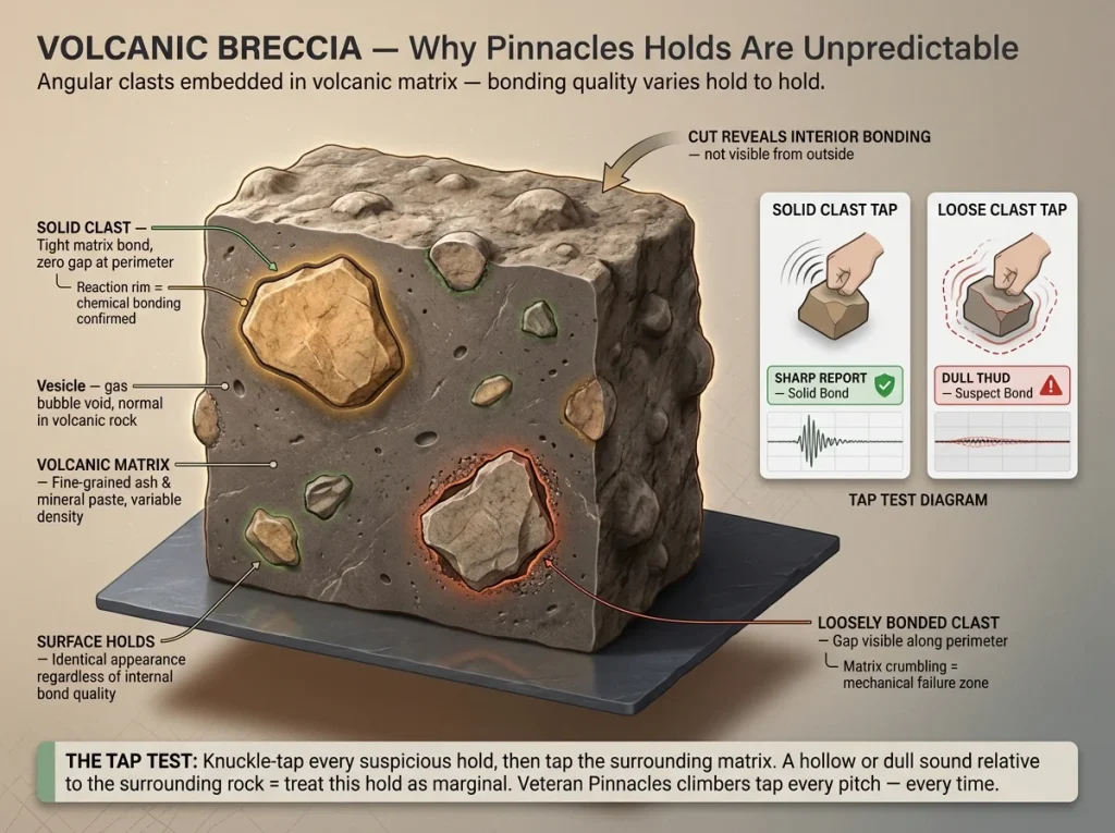 Infographic showing volcanic breccia cross-section with labeled solid vs loose clasts, matrix bonding, and tap test sound indicators