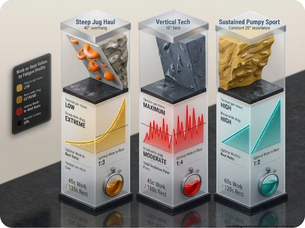 Infographic comparing steep jug, vertical tech, and sustained sport climbing styles with optimal work-to-rest training ratios