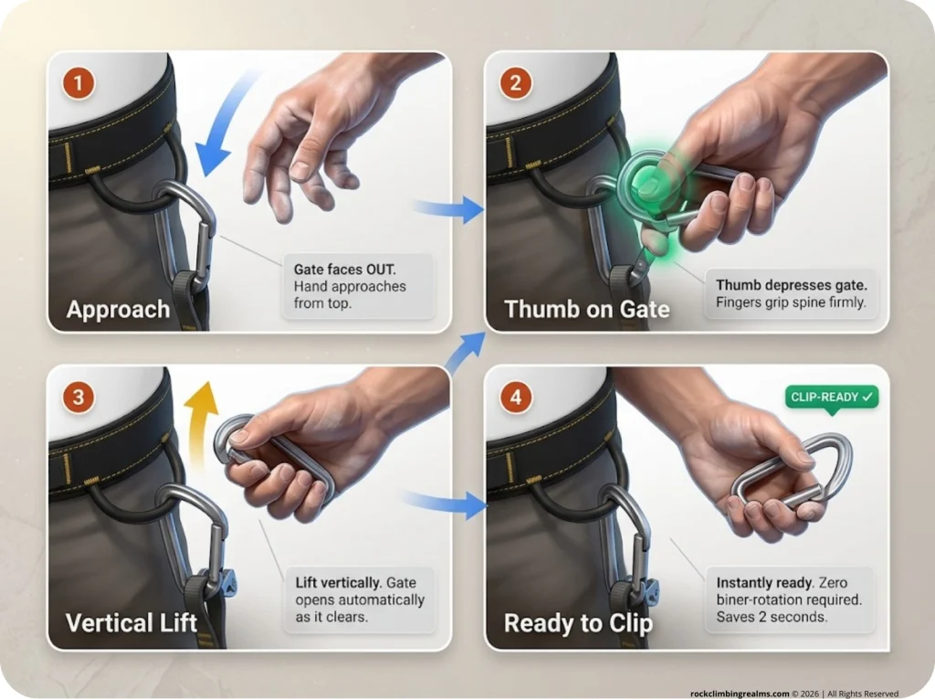 Infographic showing the 4-step wrist flick motion for fast cam access from a gear loop with labeled hand positions