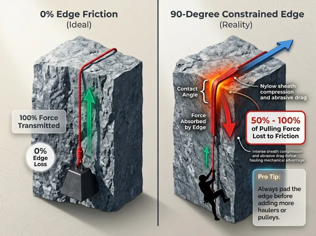 Cross-section diagram showing severe edge friction force loss during hauling over a sharp 90-degree rock edge versus zero edge friction