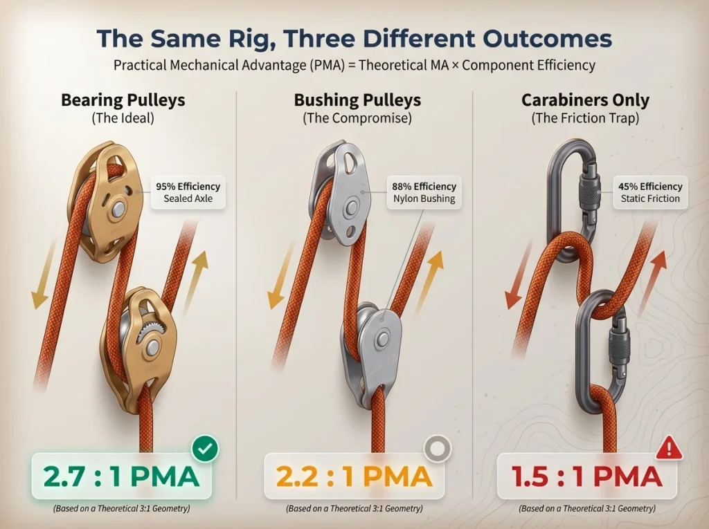 Infographic comparing three Z-rig hardware configurations showing Practical Mechanical Advantage differences with bearing pulleys, bushing pulleys, and carabiners