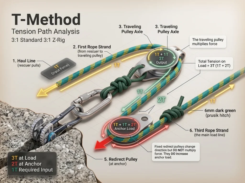 Infographic showing step-by-step Z-rig tension path analysis using the T-Method with labeled tension values at each component
