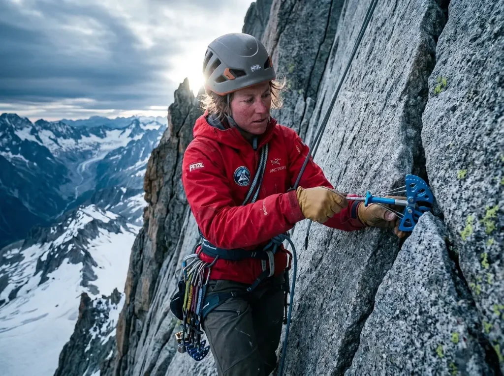Alpinist placing a camming device securely inside a granite crack