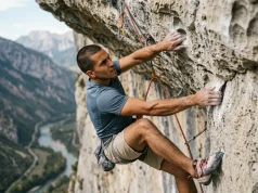Aggressive Climbing Shoes 4 Signs You’re Ready Climber using La Sportiva Solution aggressive shoes on steep limestone overhang, toes pulling a micro-edge