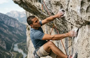 Aggressive Climbing Shoes 4 Signs You’re Ready Climber using La Sportiva Solution aggressive shoes on steep limestone overhang, toes pulling a micro-edge