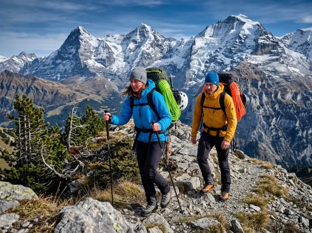 Climbers hiking ascending past the alpine treeline, unintentionally carrying invasive species.