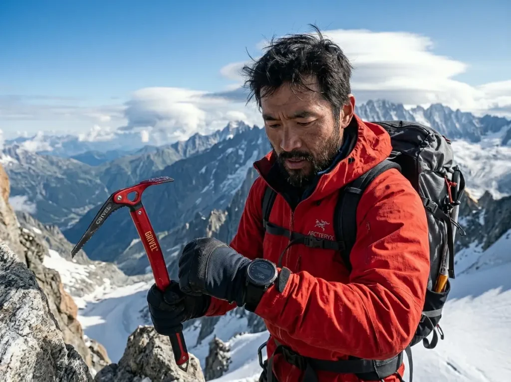 Alpinist checking barometric altimeter for when to bail on a climb decision framework