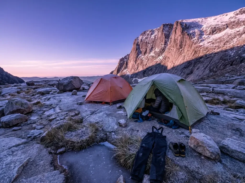Climbers sleeping in high-altitude tent camp with mountain crag visible at dawn