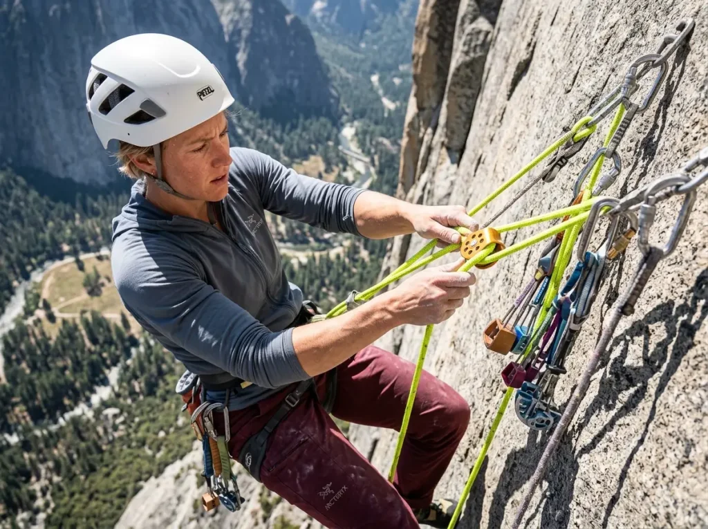 Climbing guide candidate managing anchor forces and pulley systems during a technical rock guide certification exam