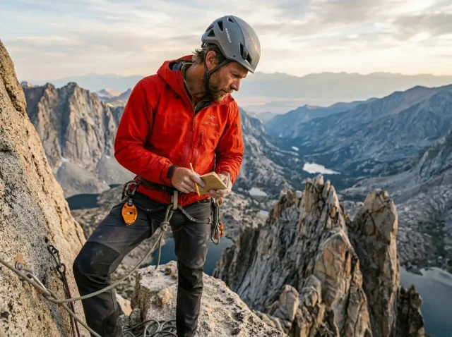 amga-climbing-guide-certification-exam AMGA certified mountain guide observing a client on a high granite alpine ledge during a climbing guide certification exam