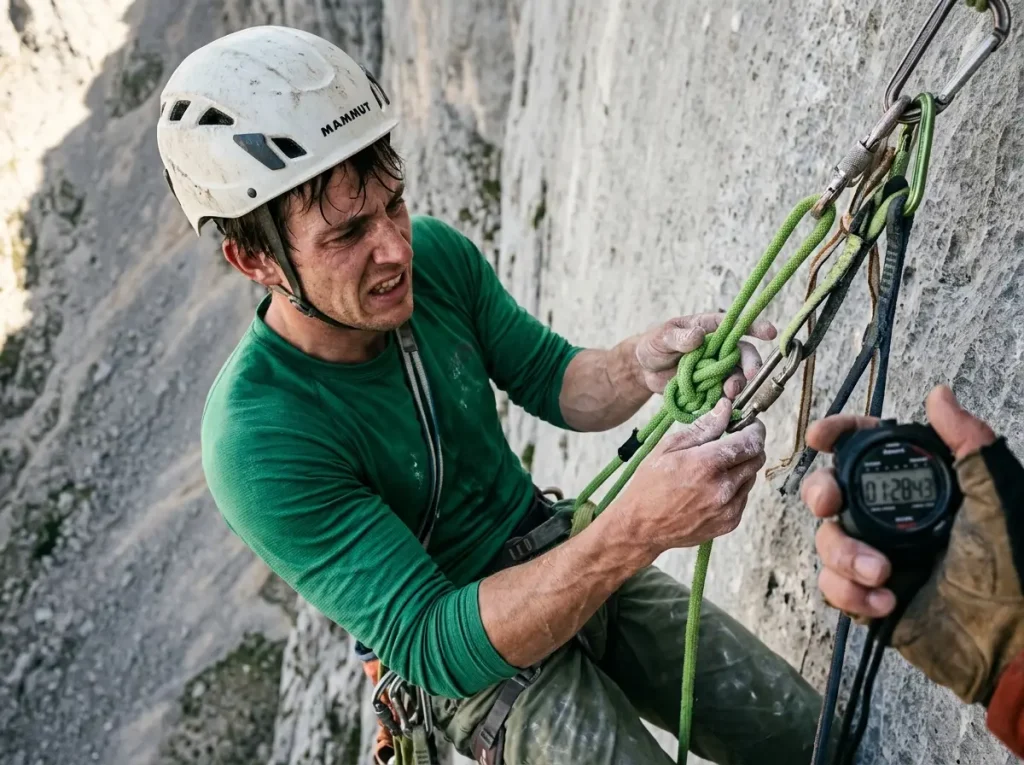 Exhausted climbing candidate tying a complex knot under severe psychological pressure during a guide certification exam