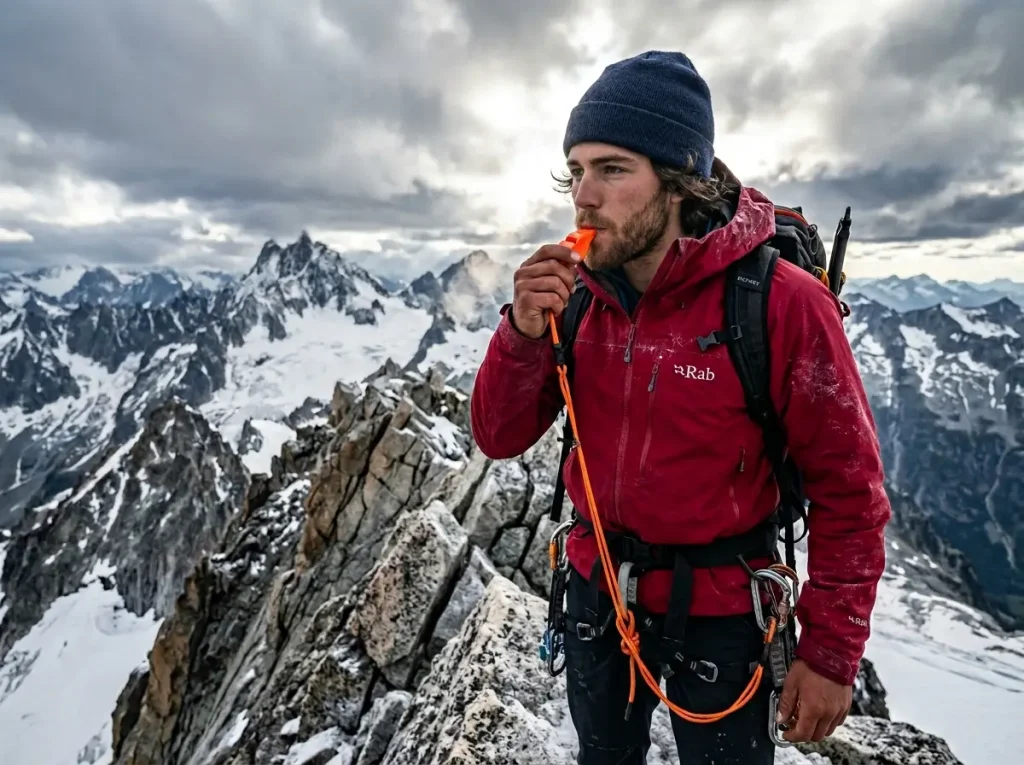 Mountaineer blowing a Fox 40 distress whistle on a high alpine ridge.