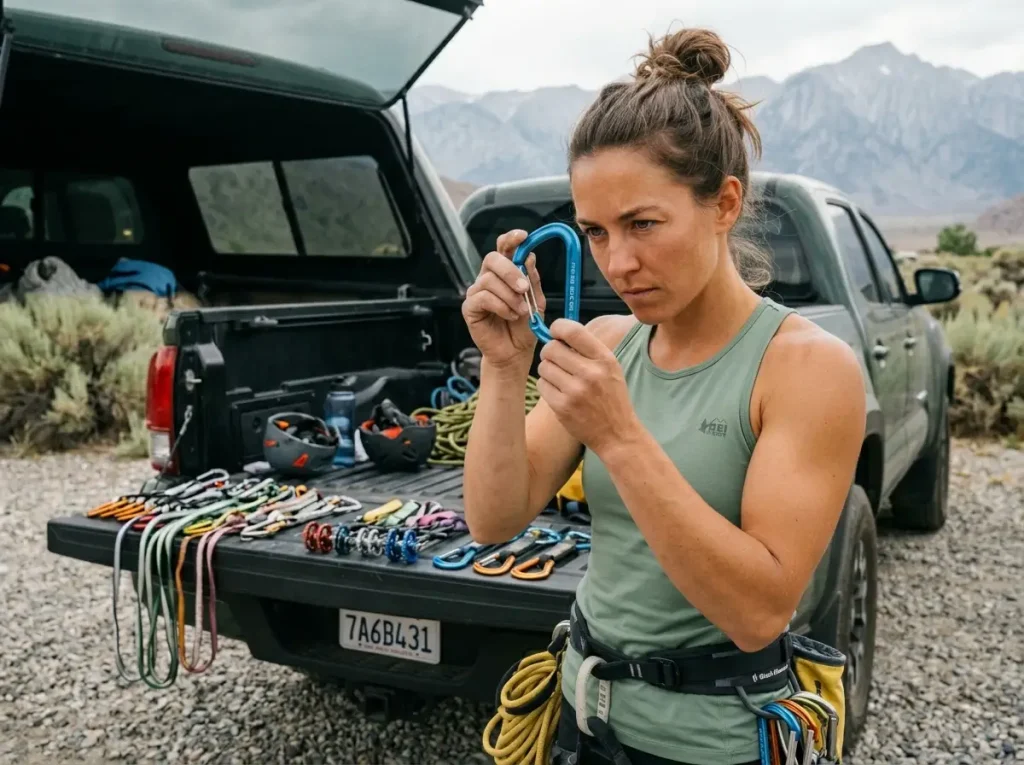 Climber analyzing CE rating standard on a DMM carabiner spine 