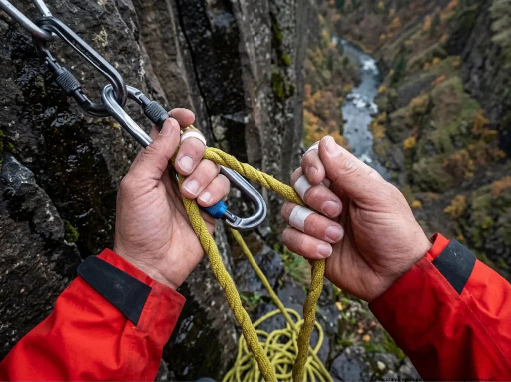 Twisted climbing rope pulled through a worn anchor carabiner showing friction damage