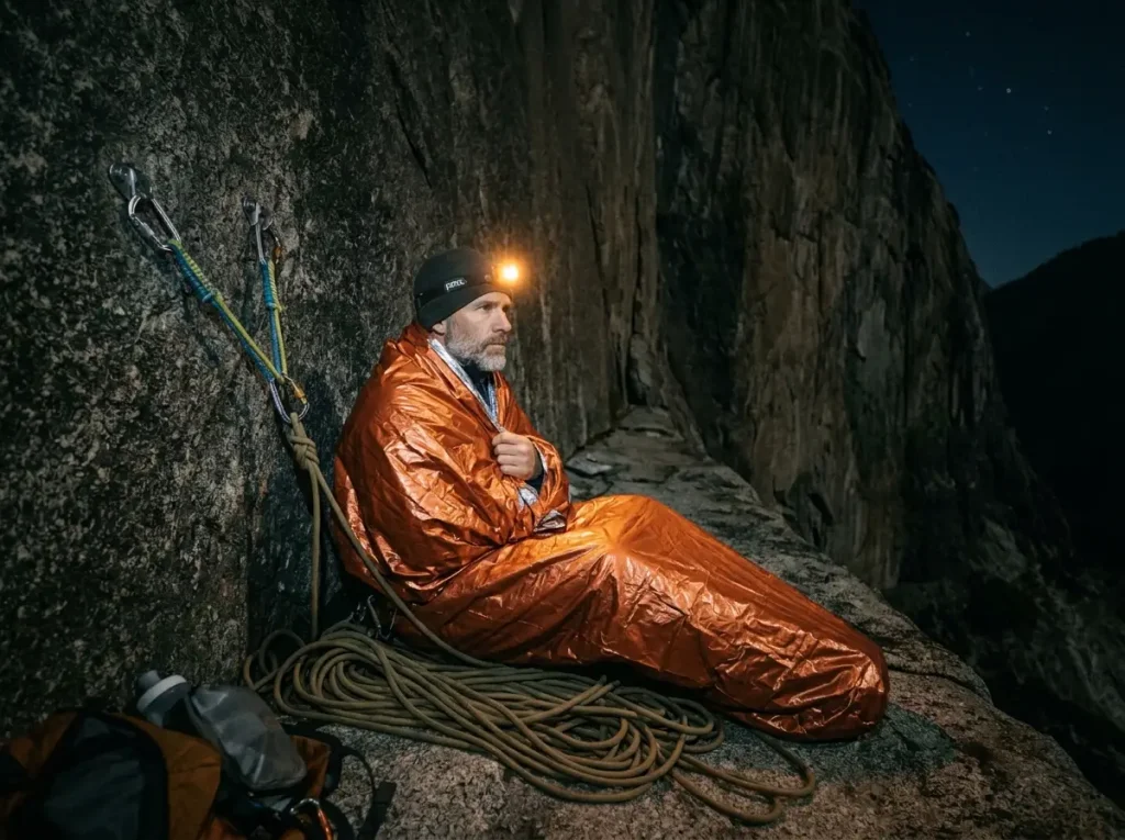 Climber in seated bivy position anchored to rock face at night, rope coils beneath him for insulation