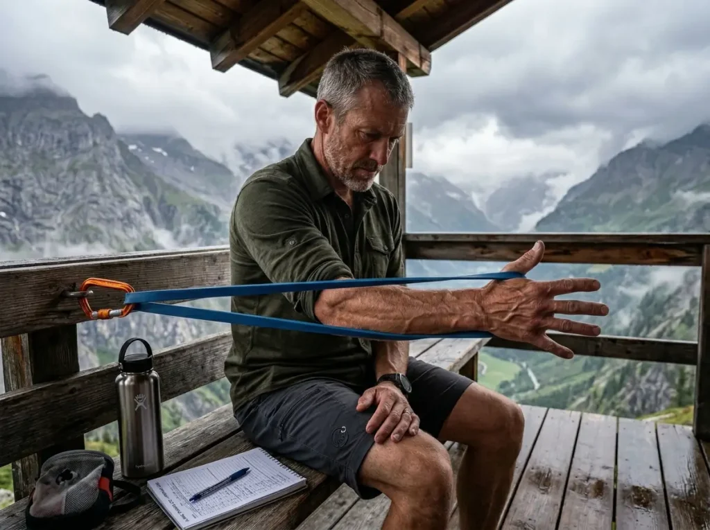 Climber doing antagonist exercises as an indoor training option