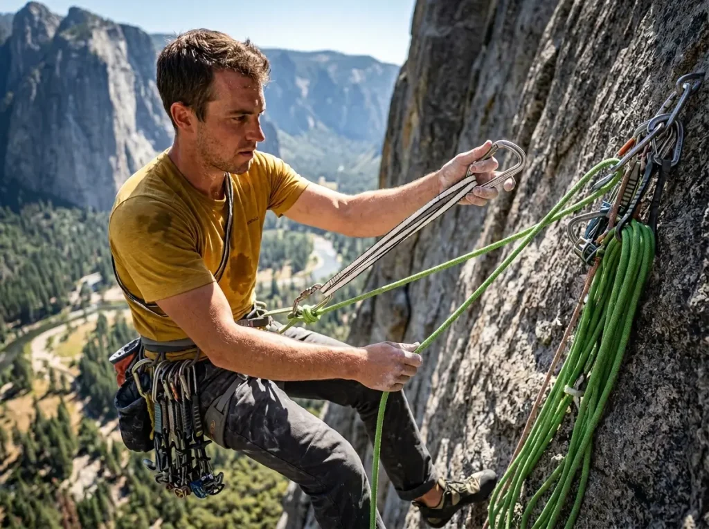 Climber utilizing extended alpine draws to prevent rope drag