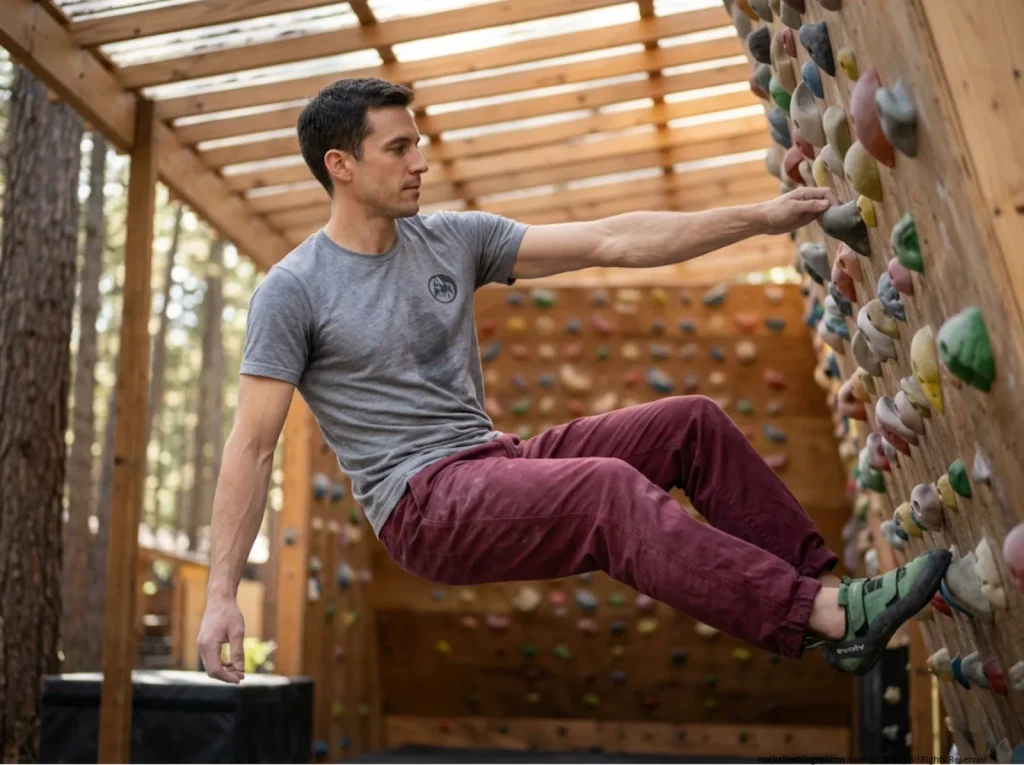 Male climber performing low-intensity ARC endurance training on a wooden climbing circuit board