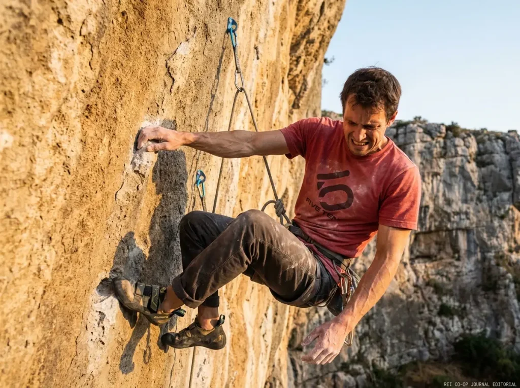Exhausted climber with pumped arms gripping a route while feet dangle off small footholds